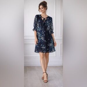 DKNY Women's Fit and Flare Tie Neck Dress SIDE RUCHED SHORT SLEEVE 12 NWT